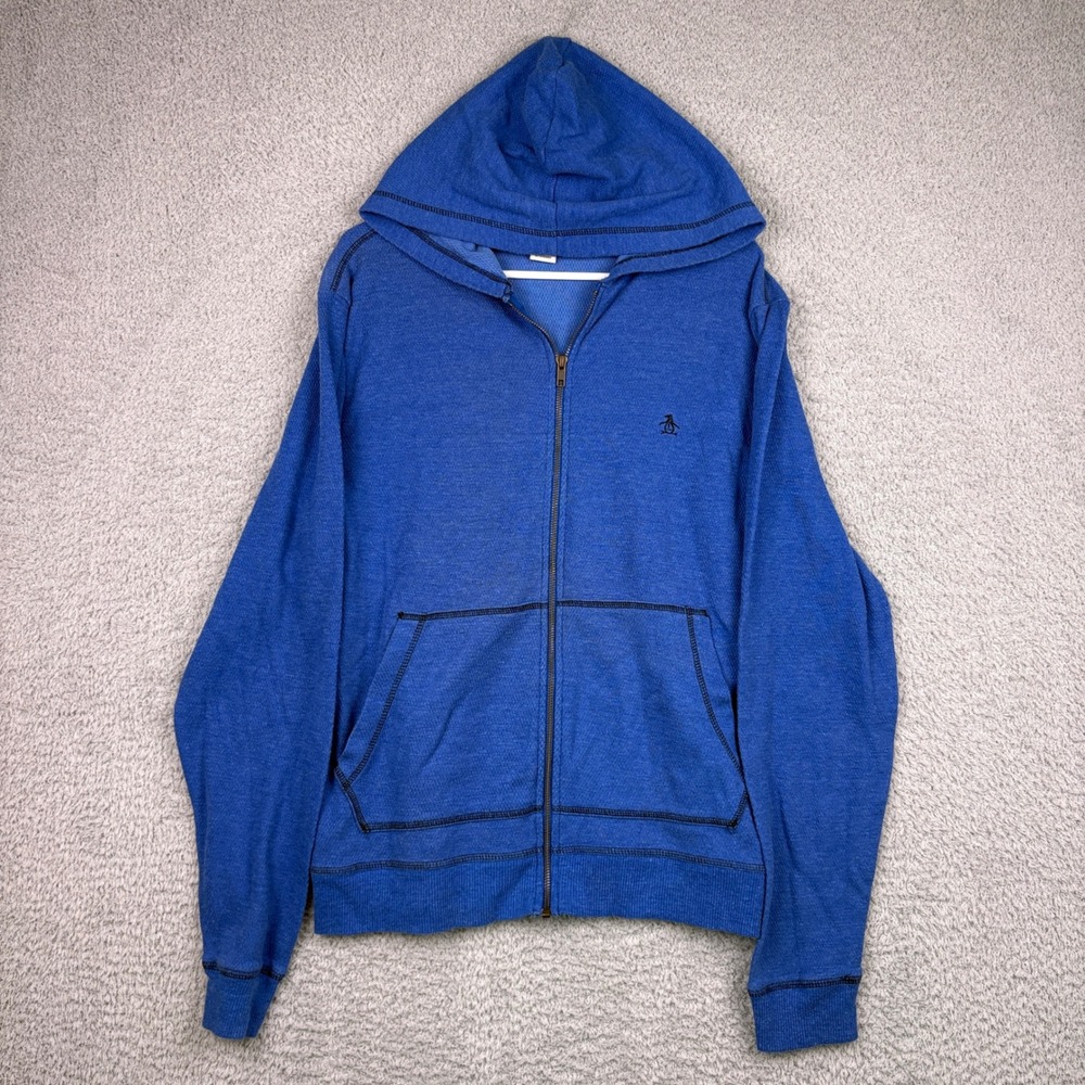 Original Penguin Hoodie Mens Large Blue Waffle Knit Full Zip Thermal Hooded Logo